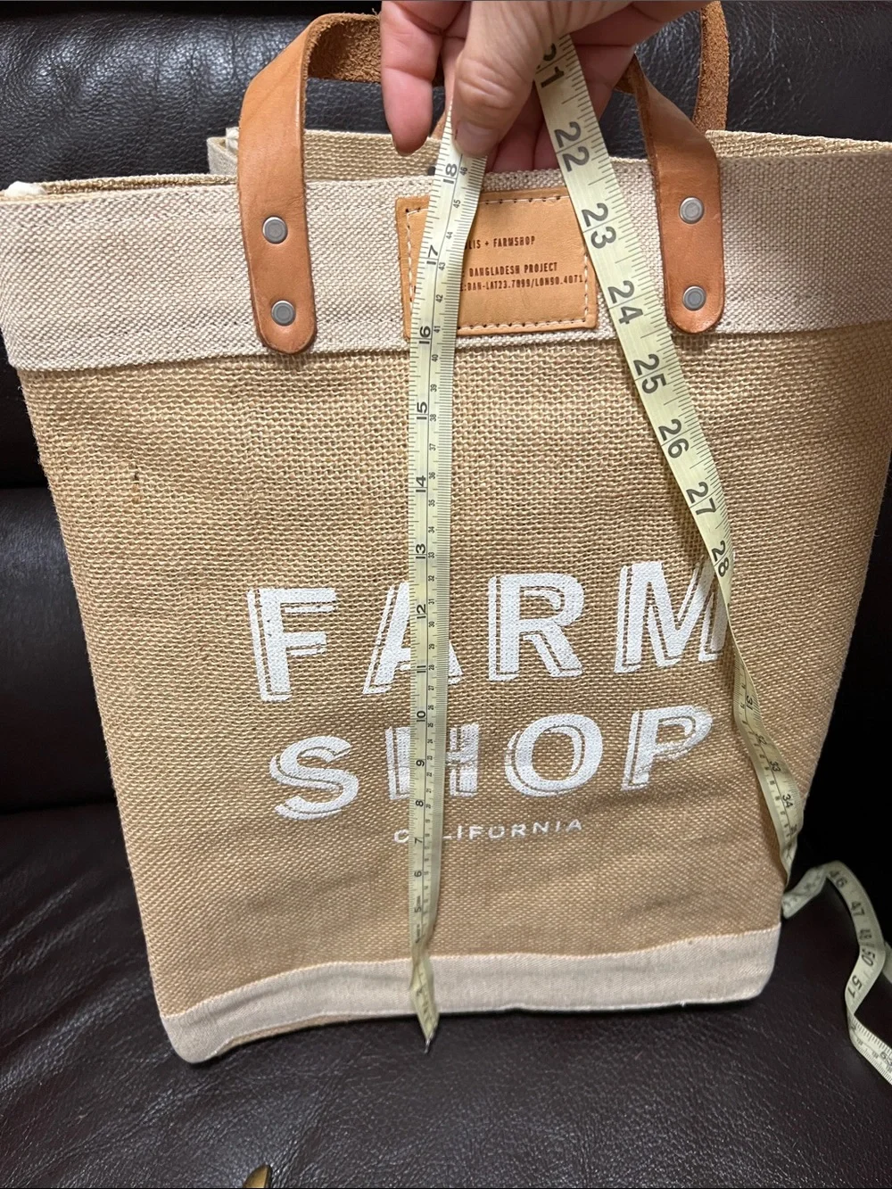 Farm Shop California Jute Tote Bag with Leather Handles - Tan